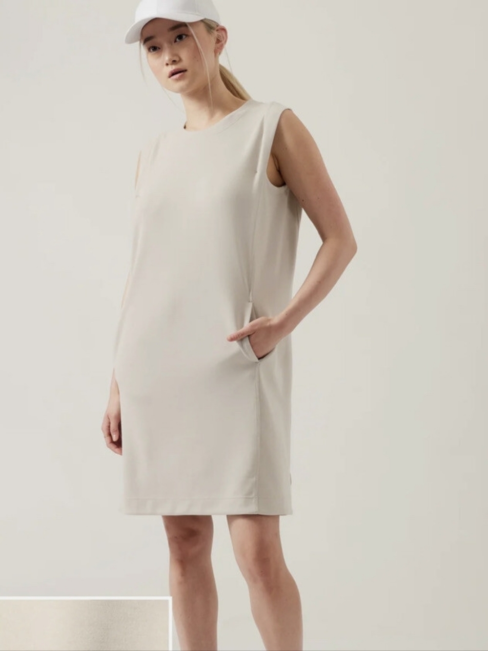 ATHLETA Sleeveless Crewneck Jersey Dress  Taupe /Stone Beige with pockets Sz M-L